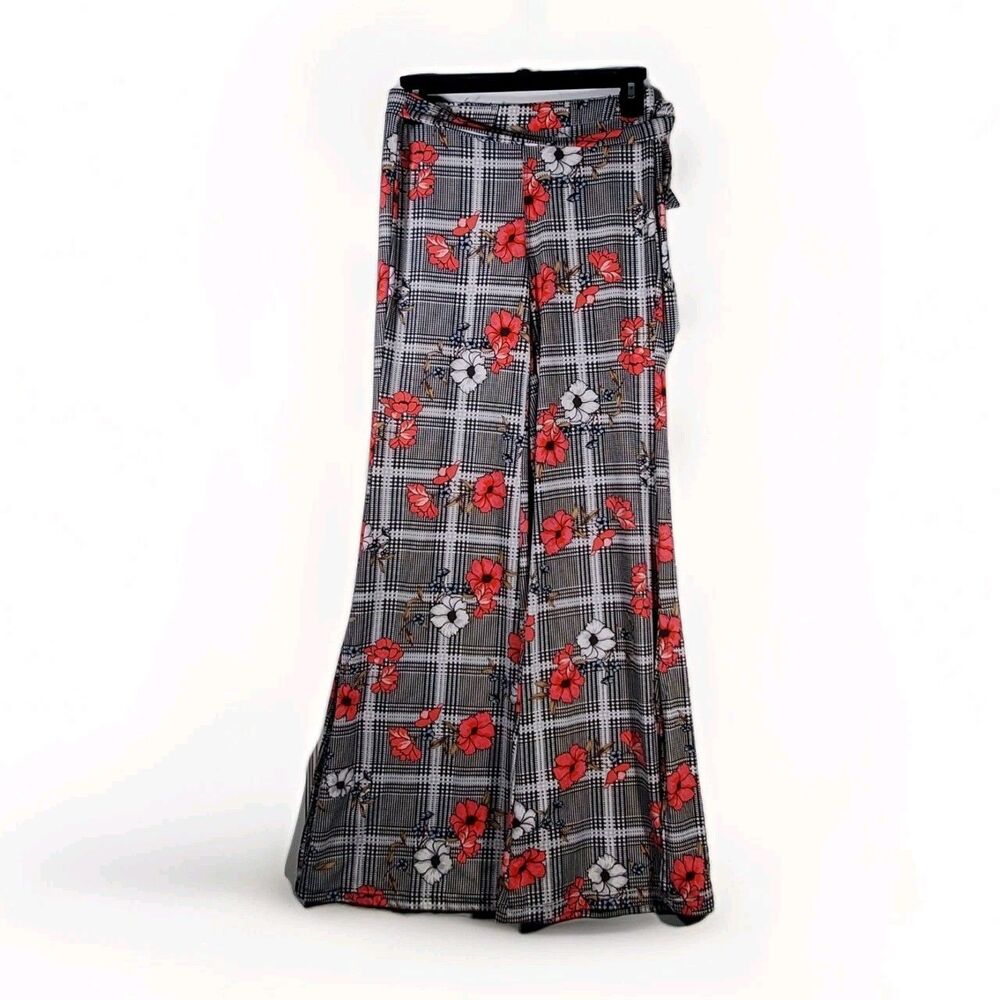 Vintage Y2K Hot Kiss Plaid Floral Wide Leg Pants High Waisted Flare Small